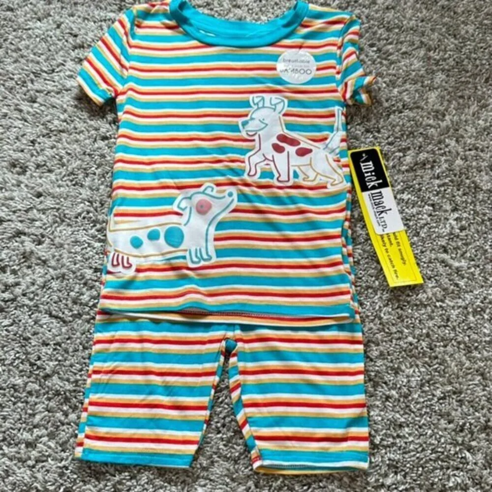 Mick Mack LTD Bamboo‎ Shortsleeve Set Size 4T NWT Red Blue Striped Puppies Soft